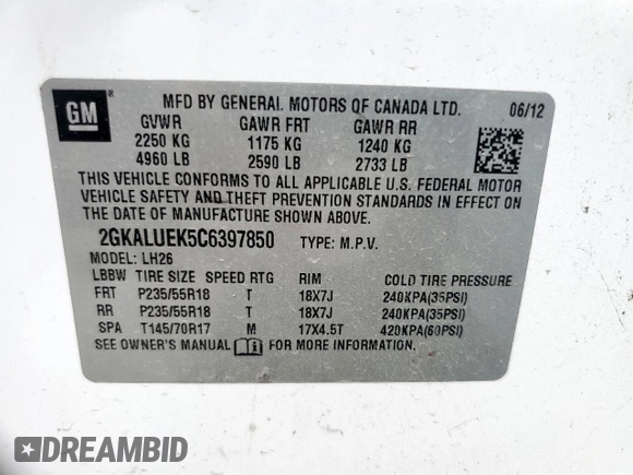 2012 GMC Terrain SLT-1 z VIN 2GKALUEK5C6397850, wystawiony jako Copart lot #58997155 z przebiegiem 147 650 mil mil oraz Szkoda całkowita • Salvage title. Historia ofert i sprzedaży dostępna na DreamBid. Obrazek 13.