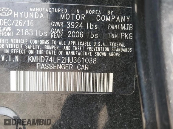 2017 Hyundai Elantra SE with VIN KMHD74LF2HU361038, listed as a Copart auction lot 58988105 with 165,547 mi miles and Salvage title. Bid and sale history available at DreamBid. Image 12.