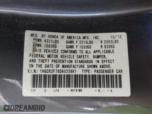 2013 Honda Accord EX с VIN 1HGCR2F76DA033881, выставлен на аукционе IAAI как лот 42559749 с пробегом 247 708 миль миль и . История ставок и продаж доступна на DreamBid. Изображение 9.