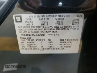 2015 GMC Terrain SLE with VIN 2GKALMEK5F6366490, listed as a Copart auction lot 62102065 with 179,327 mi miles and Salvage title. Bid and sale history available at DreamBid. Image 13.