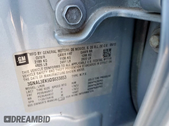 2013 Chevrolet Captiva Sport LT with VIN 3GNAL3EK9DS633853, listed as a Copart auction lot 48248375 with 148,878 mi miles and Clean Title. Bid and sale history available at DreamBid. Image 12.