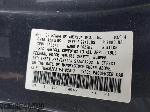 2014 Honda Accord LX z VIN 1HGCR2F31EA182813, wystawiony jako IAAI lot #41792033 z przebiegiem 97 855 mil mil oraz . Historia ofert i sprzedaży dostępna na DreamBid. Obrazek 9.
