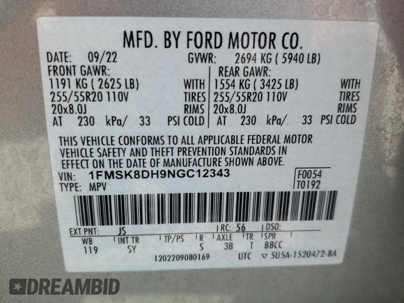 2022 Ford Explorer XLT с VIN 1FMSK8DH9NGC12343, выставлен на аукционе Copart как лот 54416395 с пробегом 32 880 миль миль и Списание • Salvage title. История ставок и продаж доступна на DreamBid. Изображение 13.