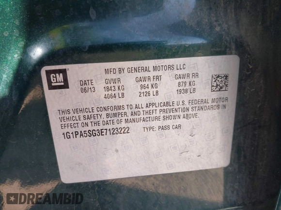 2014 Chevrolet Cruze LS with VIN 1G1PA5SG3E7123222, listed as a IAAI auction lot 42106447 with 121,072 mi miles and . Bid and sale history available at DreamBid. Image 9.