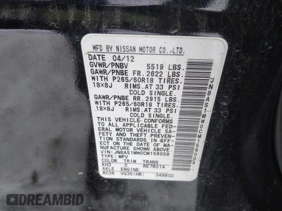 2012 Infiniti FX with VIN JN8AS1MW0CM156009, listed as a IAAI auction lot 41601349 with 53,795 mi miles and . Bid and sale history available at DreamBid. Image 9.