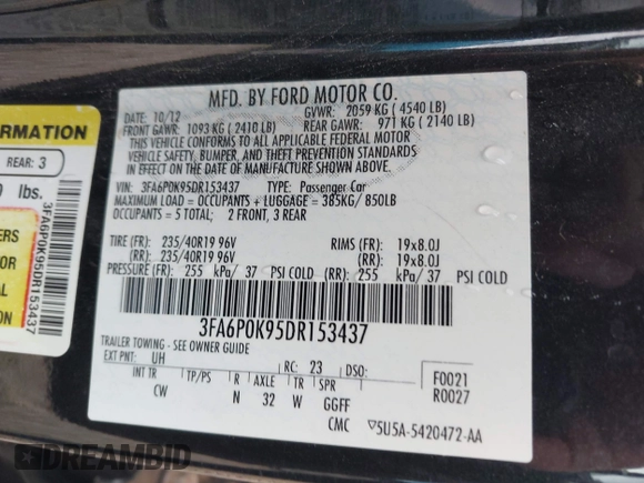 2013 Ford Fusion Titanium with VIN 3FA6P0K95DR153437, listed as a IAAI auction lot 42334754 with 139,623 mi miles and . Bid and sale history available at DreamBid. Image 9.