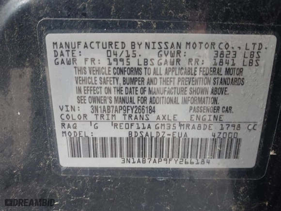 2015 Nissan Sentra S with VIN 3N1AB7AP9FY266184, listed as a IAAI auction lot 41752181 with 119,737 mi miles. Bid and sale history available at carsss.com. Image 9.