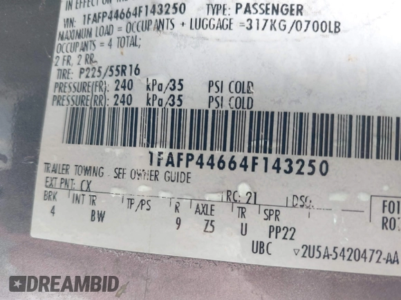 2004 Ford Mustang Deluxe with VIN 1FAFP44664F143250, listed as a IAAI auction lot 42187116 with 193,747 mi miles and . Bid and sale history available at DreamBid. Image 9.