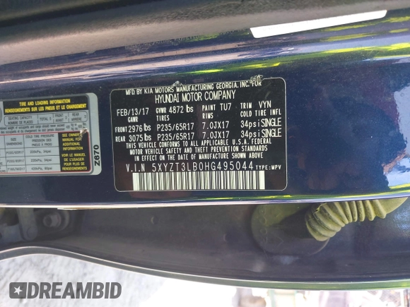 2017 Hyundai Santa Fe 2.4L with VIN 5XYZT3LB0HG495044, listed as a IAAI auction lot 42285311 with 163,313 mi miles and . Bid and sale history available at DreamBid. Image 9.