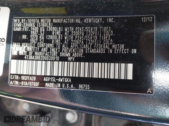 2013 Toyota Venza LE with VIN 4T3BA3BB2DU039910, listed as a IAAI auction lot 42705818 with 122,447 mi miles and . Bid and sale history available at DreamBid. Image 9.