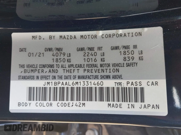 2021 Mazda 3 S z VIN JM1BPAAL6M1331460, wystawiony jako IAAI lot #42197743 z przebiegiem 53 972 mil mil oraz . Historia ofert i sprzedaży dostępna na DreamBid. Obrazek 9.