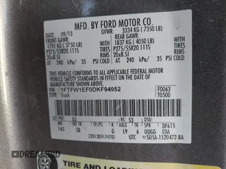 2013 Ford F-150 XL с VIN 1FTFW1EF0DKF94952, выставлен на аукционе IAAI как лот 41213015 с пробегом Не указан миль и . История ставок и продаж доступна на DreamBid. Изображение 9.