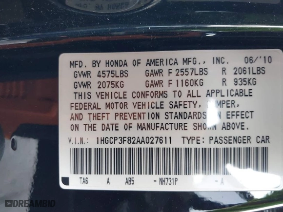 2010 Honda Accord Sdn EX-L with VIN 1HGCP3F82AA027611, listed as a IAAI auction lot 41768217 with 161,763 mi miles. Bid and sale history available at carsss.com. Image 9.