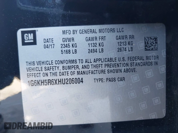 2017 Cadillac CT6 Premium Luxury AWD with VIN 1G6KH5R6XHU206004, listed as a IAAI auction lot 42038201 with 119,445 mi miles and . Bid and sale history available at DreamBid. Image 9.