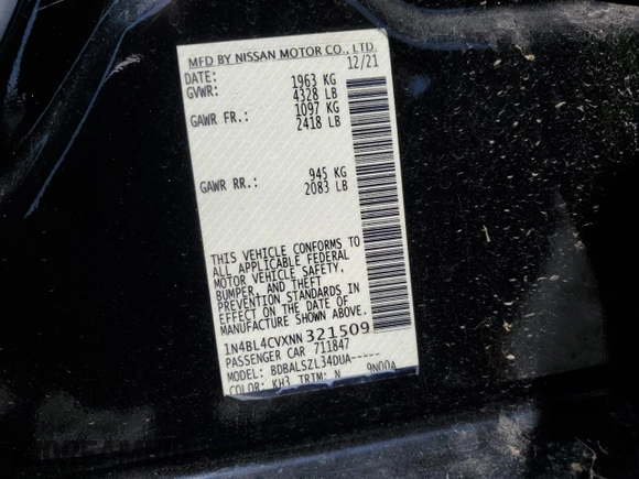2022 Nissan Altima SR with VIN 1N4BL4CVXNN321509, listed as a Copart auction lot 50599335 with 68,374 mi miles and Salvage Title. Bid and sale history available at DreamBid. Image 12.