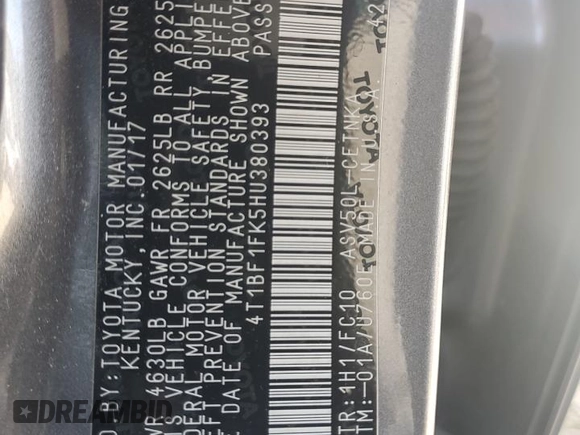 2017 Toyota Camry XLE with VIN 4T1BF1FK5HU380393, listed as a Copart auction lot 50924815 with Not Provided miles and Salvage Title. Bid and sale history available at DreamBid. Image 12.