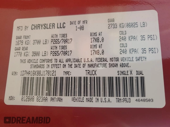 2008 Dodge 1500 ST with VIN 1D7HA16K88J178121, listed as a Copart auction lot 49437225 with 32,938 mi miles and Salvage Title. Bid and sale history available at DreamBid. Image 13.
