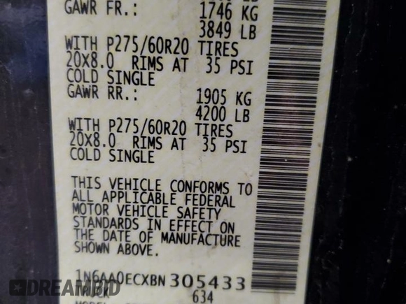2011 Nissan Titan SL with VIN 1N6AA0ECXBN305433, listed as a Copart auction lot 47837825 with 344,919 mi miles and Salvage Title. Bid and sale history available at carsss.com. Image 14.