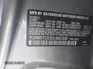2013 BMW X3 xDrive35i with VIN 5UXWX7C53DL982308, listed as a IAAI auction lot 41641401 with 222,922 mi miles and . Bid and sale history available at DreamBid. Image 9.