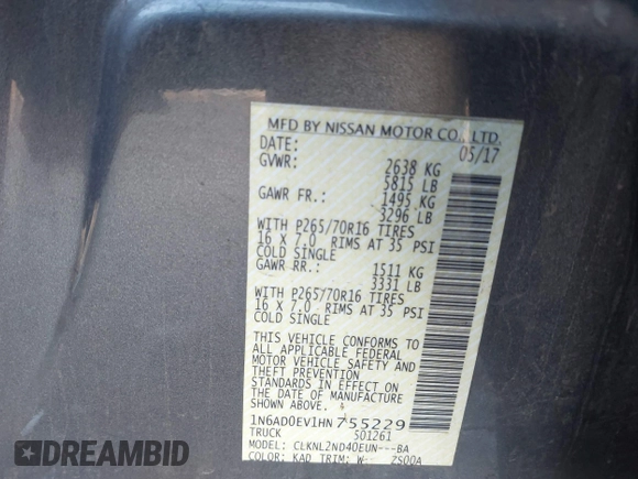 2017 Nissan Frontier SV with VIN 1N6AD0EV1HN755229, listed as a IAAI auction lot 41412218 with Not provided miles and . Bid and sale history available at DreamBid. Image 9.