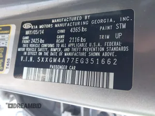 2014 Kia Optima LX with VIN 5XXGM4A77EG351662, listed as a IAAI auction lot 41188778 with 200,199 mi miles. Bid and sale history available at carsss.com. Image 9.