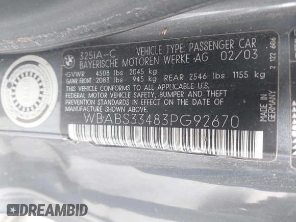 2003 BMW 3 Series 325Ci with VIN WBABS33483PG92670, listed as a IAAI auction lot 42090721 with 182,903 mi miles and . Bid and sale history available at DreamBid. Image 9.