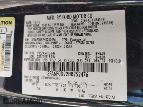 2017 Ford Fusion Titanium with VIN 3FA6P0D92HR252476, listed as a IAAI auction lot 40176942 with 88,818 mi miles and . Bid and sale history available at DreamBid. Image 9.