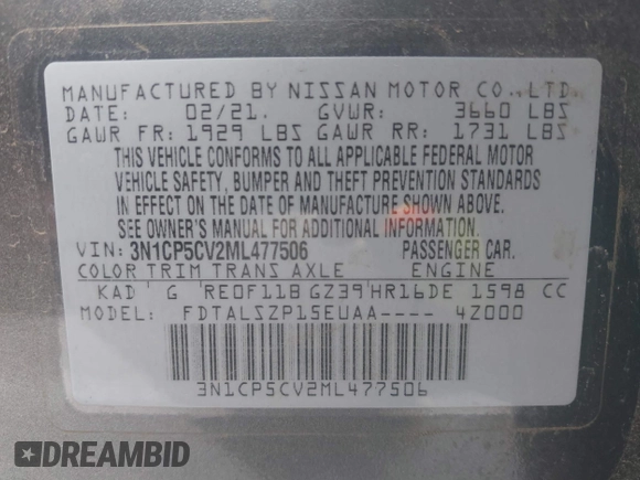 2021 Nissan Kicks SV with VIN 3N1CP5CV2ML477506, listed as a IAAI auction lot 41736063 with 68,872 mi miles. Bid and sale history available at carsss.com. Image 9.
