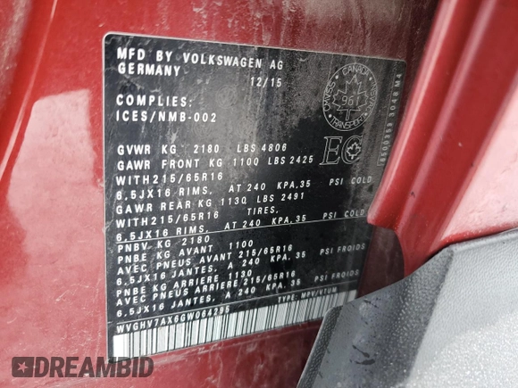 2016 Volkswagen Tiguan with VIN WVGHV7AX6GW064295, listed as a Copart auction lot 87358164 with 248,891 mi miles and Salvage title. Bid and sale history available at DreamBid. Image 13.
