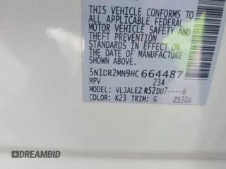 2017 Nissan Pathfinder SV with VIN 5N1DR2MN9HC664487, listed as a IAAI auction lot 41974800 with 1 mi miles. Bid and sale history available at carsss.com. Image 9.