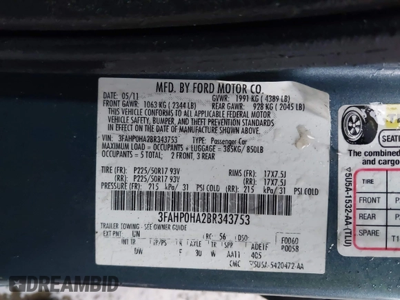 2011 Ford Fusion SE with VIN 3FAHP0HA2BR343753, listed as a IAAI auction lot 41659205 with 110,822 mi miles. Bid and sale history available at carsss.com. Image 9.