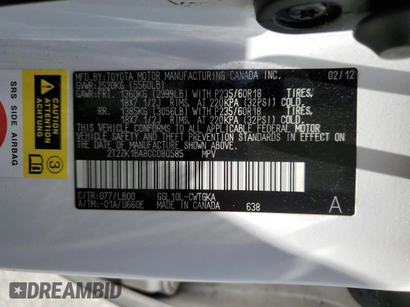 2012 Lexus RX 350 z VIN 2T2ZK1BA8CC080585, wystawiony jako Copart lot #57416095 z przebiegiem 88 454 mil mil oraz Szkoda całkowita • Salvage title. Historia ofert i sprzedaży dostępna na DreamBid. Obrazek 13.