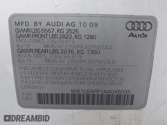2010 Audi Q5 Premium Plus z VIN WA1LKAFP1AA045035, wystawiony jako IAAI lot #42240670 z przebiegiem 181 942 mil mil oraz . Historia ofert i sprzedaży dostępna na DreamBid. Obrazek 9.