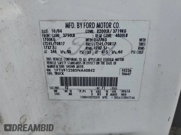2005 Ford F-150 XL with VIN 1FTVF12585NA40842, listed as a Copart auction lot 61728465 with 288,002 mi miles and Salvage title. Bid and sale history available at DreamBid. Image 12.