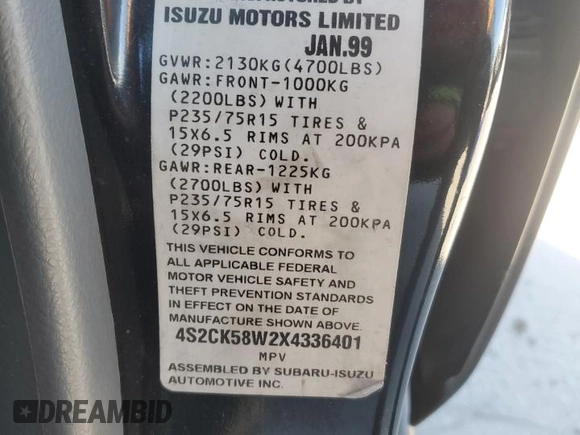 1999 Isuzu Rodeo S with VIN 4S2CK58W2X4336401, listed as a Copart auction lot 83872484 with 191,278 mi miles and Salvage title. Bid and sale history available at DreamBid. Image 12.