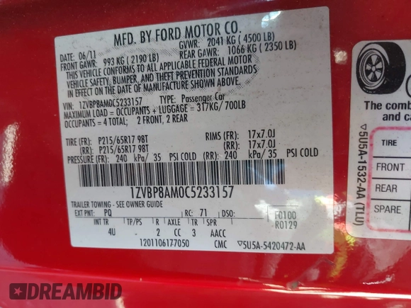 2012 Ford Mustang Premium with VIN 1ZVBP8AM0C5233157, listed as a IAAI auction lot 41580689 with 132,243 mi miles and . Bid and sale history available at DreamBid. Image 9.
