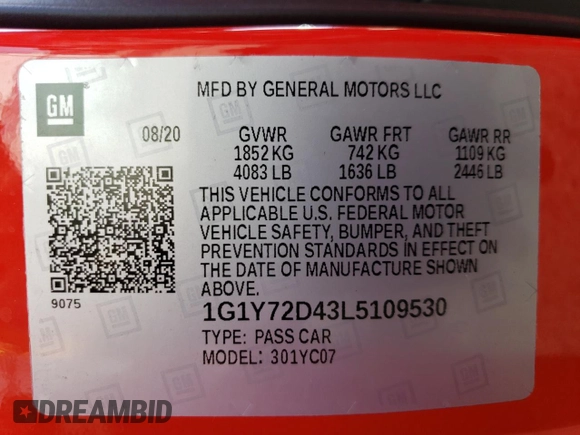 2020 Chevrolet Corvette 2LT with VIN 1G1Y72D43L5109530, listed as a Copart auction lot 72776364 with 13,618 mi miles and Salvage Title. Bid and sale history available at carsss.com. Image 15.