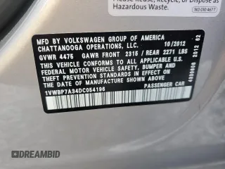 2013 Volkswagen Passat SE w/Sunroof & Nav with VIN 1VWBP7A34DC054196, listed as a Copart auction lot 51770695 with 231,922 mi miles and Clean Title. Bid and sale history available at carsss.com. Image 14.