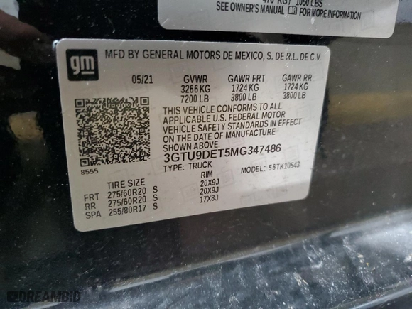 2021 GMC Sierra 1500 SLT with VIN 3GTU9DET5MG347486, listed as a Copart auction lot 48673435 with 60,027 mi miles and Salvage Title. Bid and sale history available at carsss.com. Image 12.