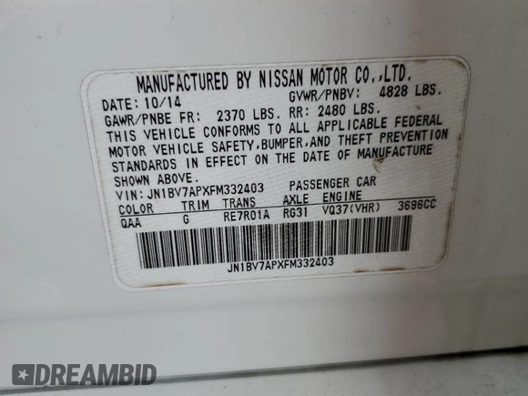 2015 Infiniti Q50 Premium z VIN JN1BV7APXFM332403, wystawiony jako Copart lot #60817425 z przebiegiem Nie podano mil oraz Czysty tytuł • Clean title. Historia ofert i sprzedaży dostępna na DreamBid. Obrazek 12.