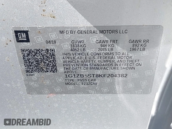 2019 Chevrolet Malibu LS with VIN 1G1ZB5ST8KF204382, listed as a IAAI auction lot 41889080 with 137,907 mi miles and . Bid and sale history available at DreamBid. Image 9.