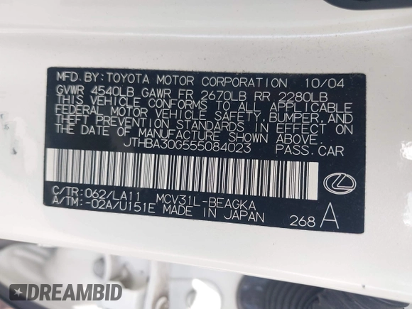 2005 Lexus ES 350 with VIN JTHBA30G555084023, listed as a IAAI auction lot 42701562 with 66,740 mi miles and . Bid and sale history available at DreamBid. Image 9.