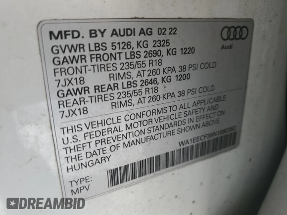 2022 Audi Q3 S line Premium Plus with VIN WA1EECF39N1090352, listed as a Copart auction lot 88731675 with 45,056 mi miles and Non Repairable. Bid and sale history available at carsss.com. Image 14.