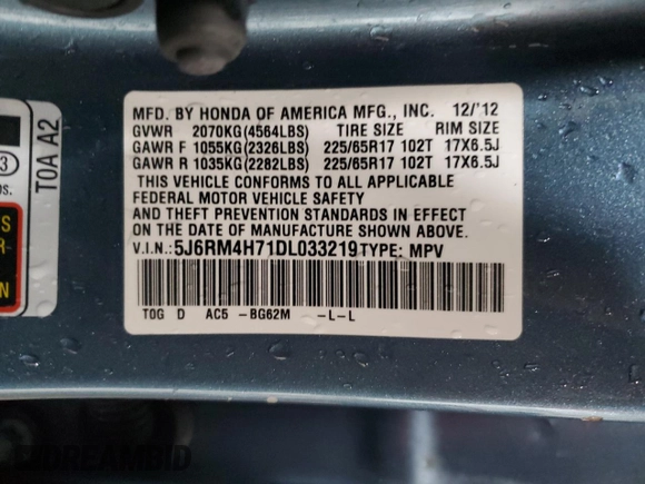 2013 Honda CR-V EX-L with VIN 5J6RM4H71DL033219, listed as a Copart auction lot 52602545 with 120,312 mi miles and Salvage Title. Bid and sale history available at carsss.com. Image 13.