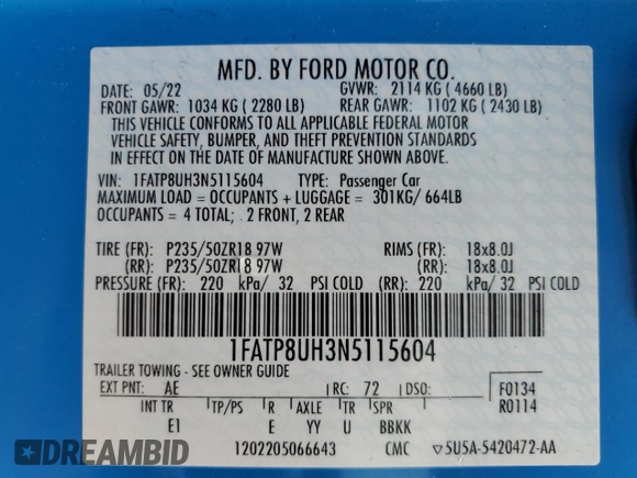 2022 Ford Mustang EcoBoost z VIN 1FATP8UH3N5115604, wystawiony jako Copart lot #56867915 z przebiegiem 52 706 mil mil oraz Szkoda całkowita • Salvage title. Historia ofert i sprzedaży dostępna na DreamBid. Obrazek 12.