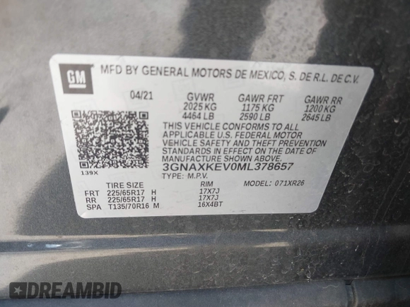 2021 Chevrolet Equinox LT with VIN 3GNAXKEV0ML378657, listed as a IAAI auction lot 41859327 with 51,550 mi miles and . Bid and sale history available at DreamBid. Image 9.