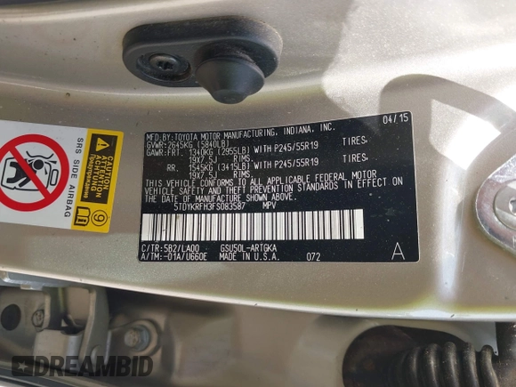 2015 Toyota Highlander Limited with VIN 5TDYKRFH3FS083587, listed as a IAAI auction lot 42045652 with Not provided miles and . Bid and sale history available at DreamBid. Image 9.