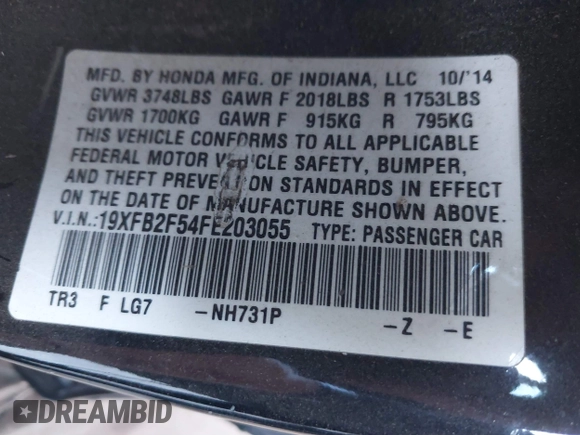 2015 Honda Civic LX with VIN 19XFB2F54FE203055, listed as a IAAI auction lot 40607290 with 206,136 mi miles and . Bid and sale history available at DreamBid. Image 9.