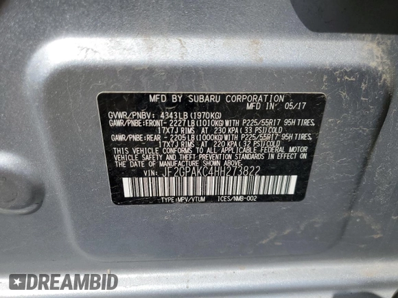 2017 Subaru Crosstrek Limited z VIN JF2GPAKC4HH273822, wystawiony jako Copart lot #56364825 z przebiegiem 109 443 mil mil oraz Szkoda całkowita • Salvage title. Historia ofert i sprzedaży dostępna na DreamBid. Obrazek 13.