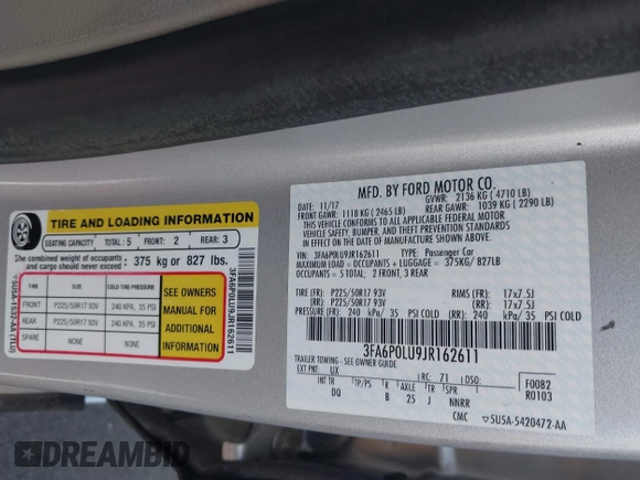 2018 Ford Fusion Hybrid SE with VIN 3FA6P0LU9JR162611, listed as a IAAI auction lot 41760137 with 62,658 mi miles. Bid and sale history available at carsss.com. Image 9.